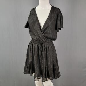 Mi Ami Metallic Flutter Sleeve Wrap Mini Cocktail Dress Black Party Glam